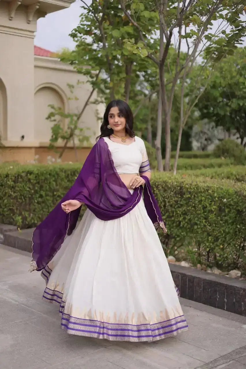 Purple Zari Weaving Lehenga – Model wearing full set with dupatta draped over one shoulder, elegant festive look