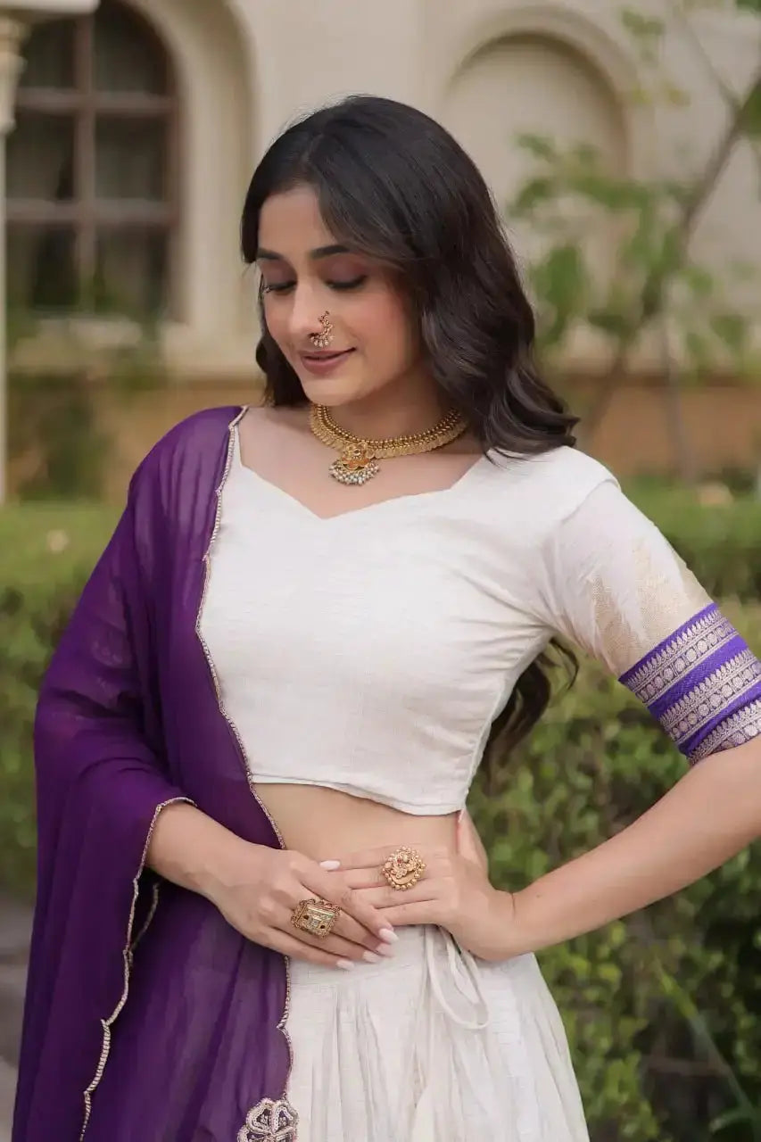 Purple Zari Weaving Lehenga – Full set view showing lehenga, choli and dupatta, product code KL149