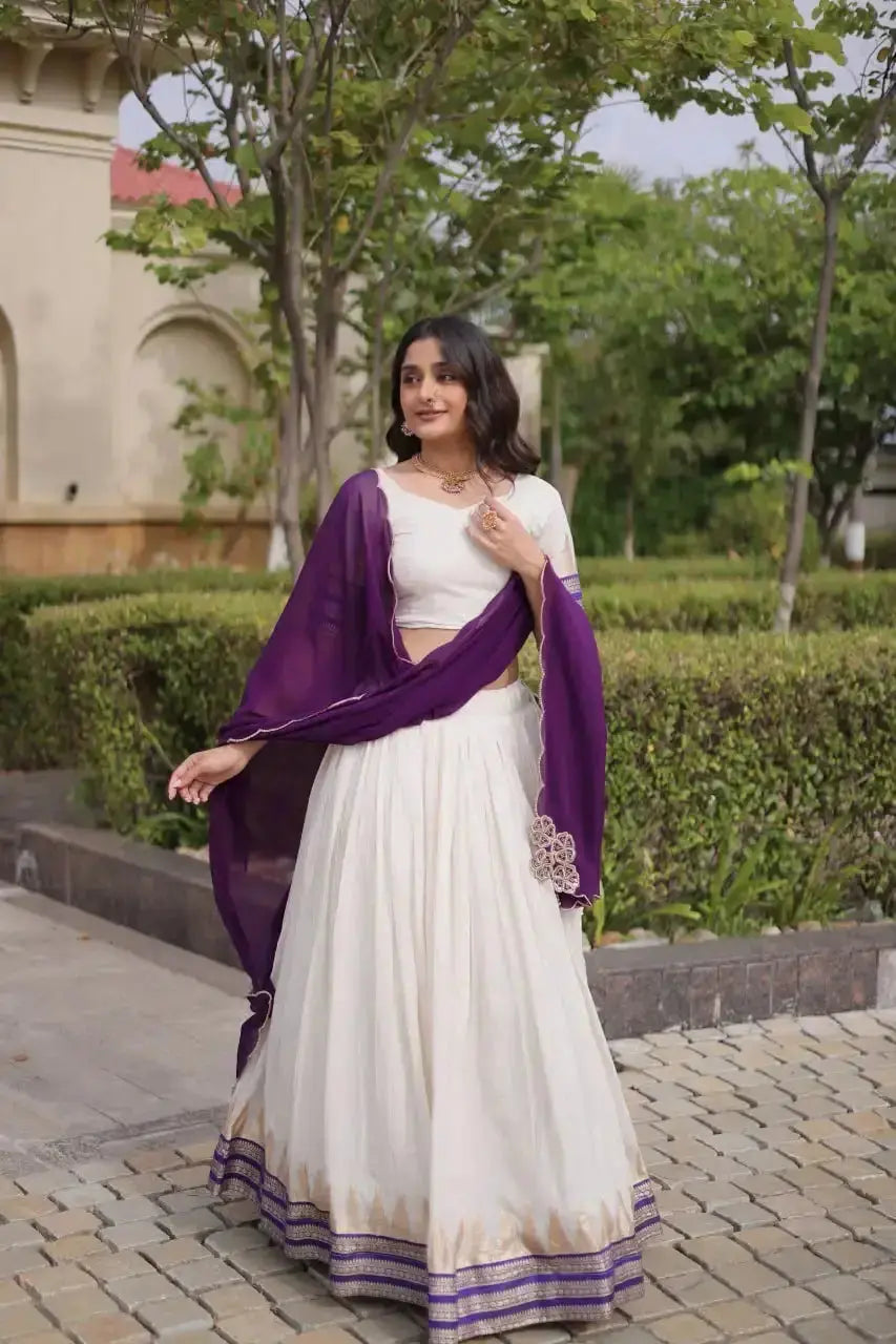 Purple Zari Weaving Lehenga – Side view showing 4-meter flair and coordinating dupatta with embroidered corner panels