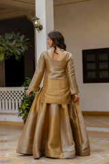 Beige Banarasi Lehenga back view – covered back kurta top, full sleeve cuff embroidery, circular skirt volume