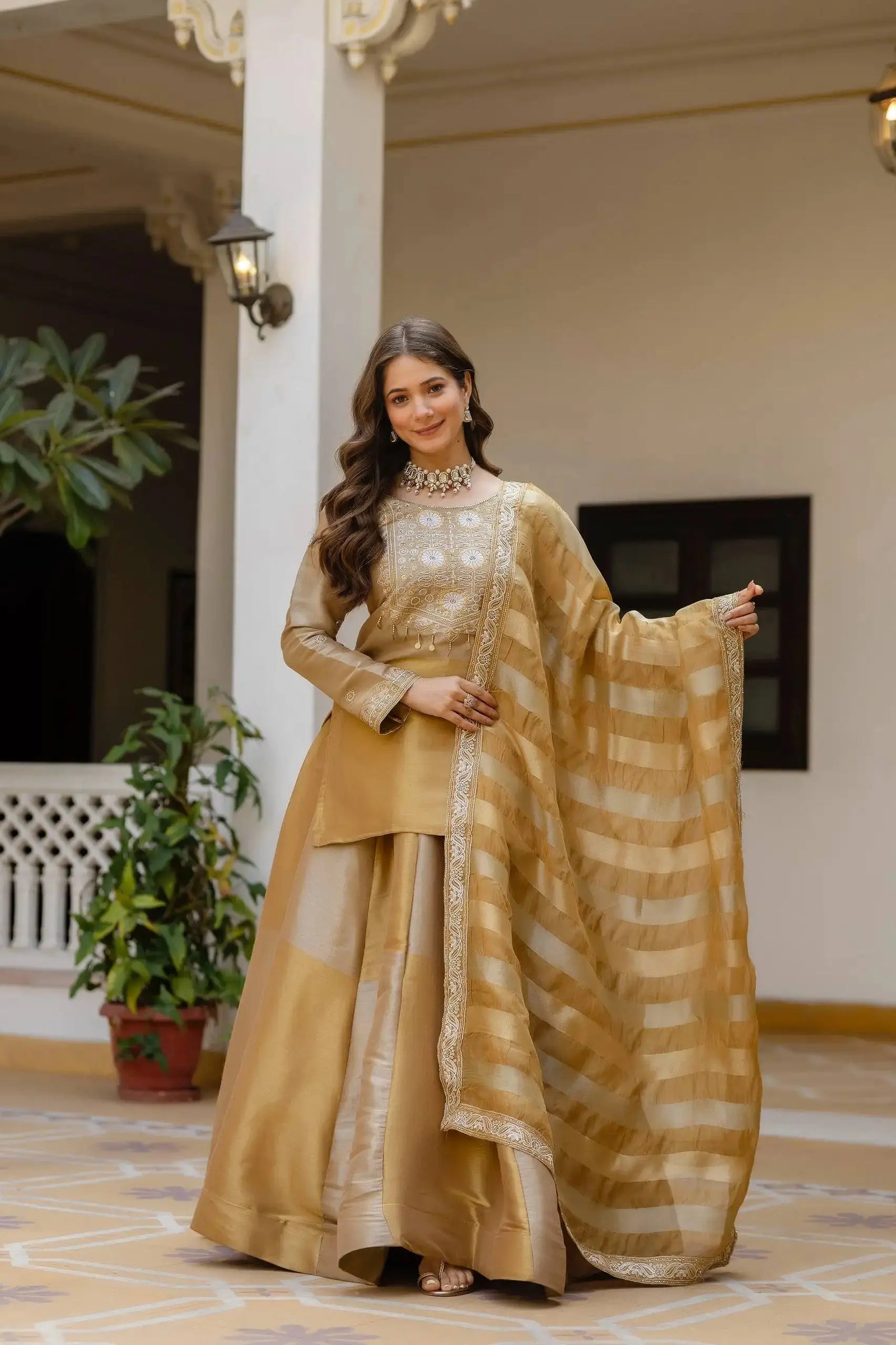 Beige Embroidered Lehenga with dupatta spread – Pure Banarasi Viscose, 3.5 meter flair, sangeet reception wear