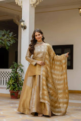 Beige Embroidered Lehenga with dupatta spread – Pure Banarasi Viscose, 3.5 meter flair, sangeet reception wear
