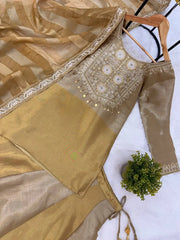 Beige Pure Banarasi Viscose Lehenga flat lay – kurta top and skirt side angle, striped tissue dupatta with embroidered border