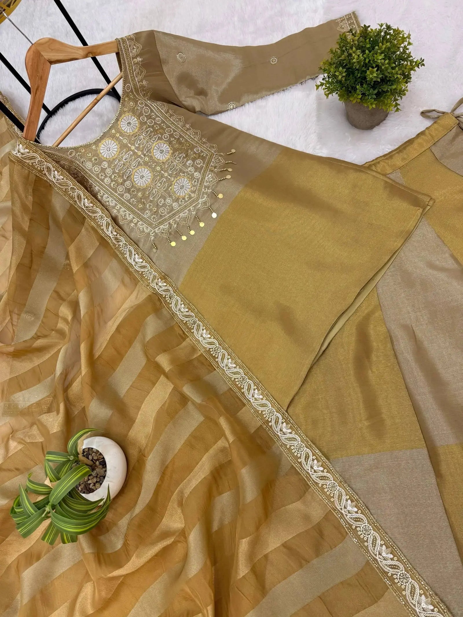 Beige Embroidered Lehenga full set flat lay angle – Pure Banarasi Viscose, handwork embroidery top, circular skirt