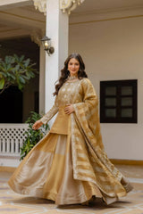 Beige Banarasi Viscose Lehenga smiling front – striped tissue dupatta, handwork embroidered kurta top