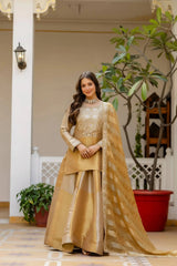 Beige Embroidered Lehenga front view – Pure Banarasi Viscose, handwork yoke embroidery with coin tassels, wedding wear