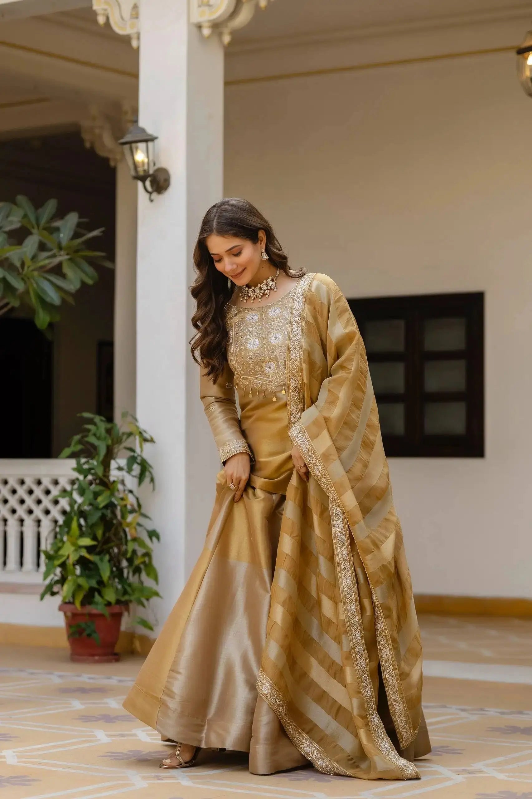 Beige Embroidered Lehenga full length – Pure Banarasi Viscose kurta and skirt set, dupatta draped, reception wear