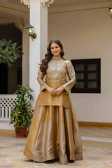 Beige Banarasi Lehenga kurta top full view – round neck full sleeve embroidered top with coin tassel hem, circular skirt