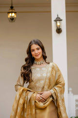 Beige Banarasi Lehenga portrait – handwork yoke embroidery close-up, gold coin tassels, tissue dupatta detail