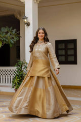 Beige Embroidered Lehenga skirt movement – 3.5 meter circular flair in Pure Banarasi Viscose, wedding wear