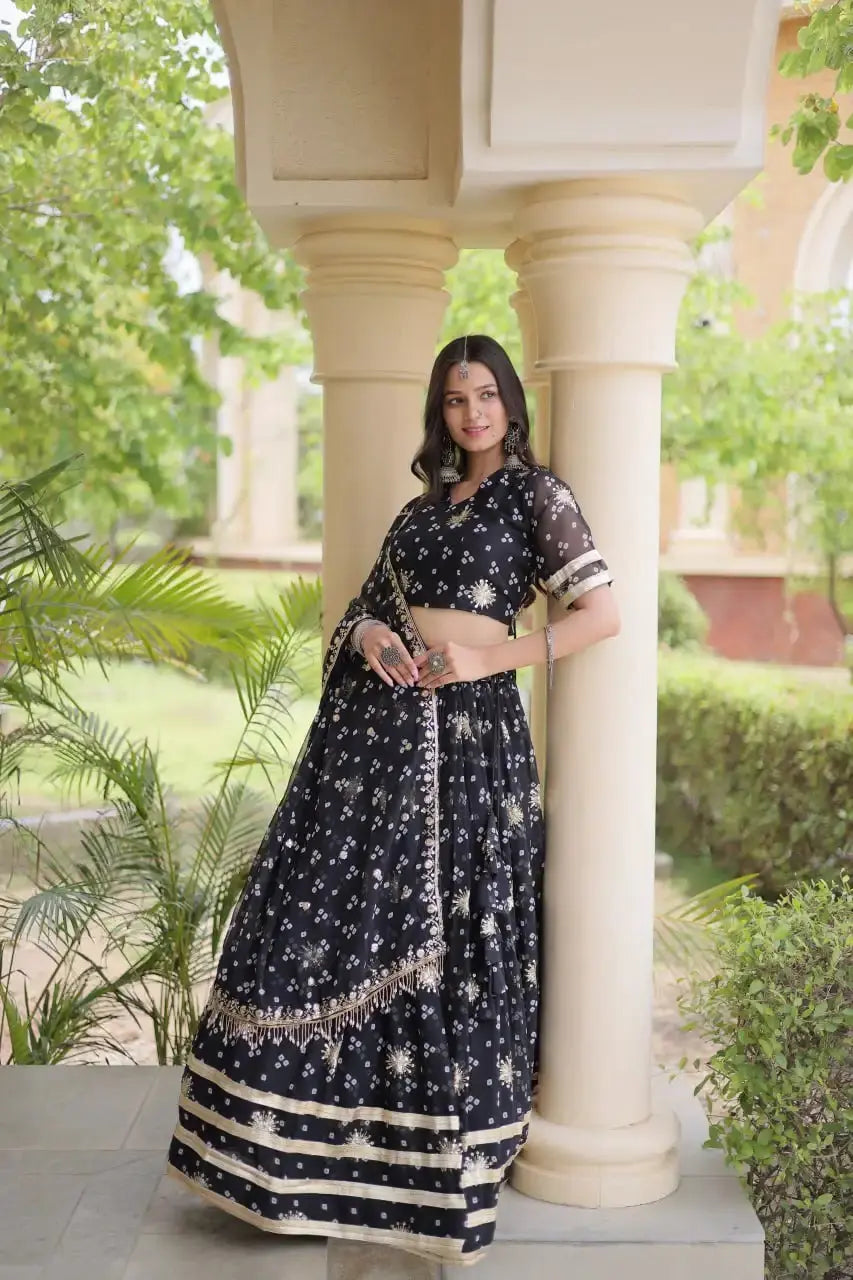 Black Bandhej Print Lehenga side pose – Faux Georgette circular skirt, gota lace border, sangeet and reception wear