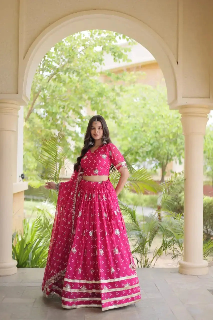 Dark Pink Bandhej Print Lehenga – Back view showing Open with Dori Tie-Up choli back and dupatta with tassel corners