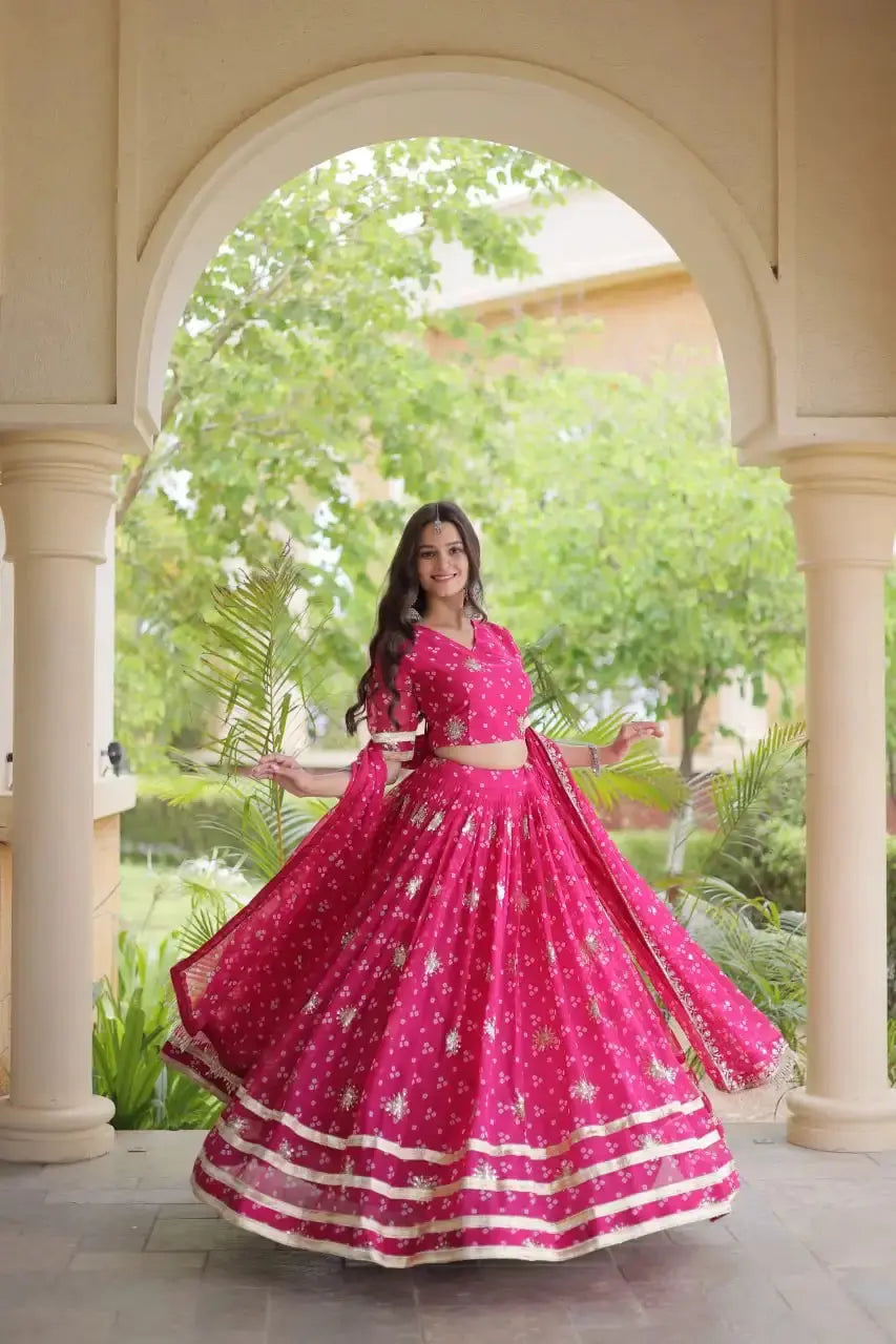 Dark Pink Bandhej Print Lehenga – Front drape view showing Faux Georgette skirt with bandhej dots, sequin motifs and gota lace border