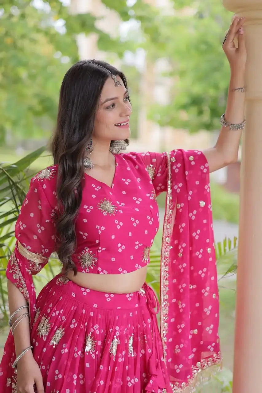 Dark Pink Bandhej Print Lehenga – Full-length model view, Faux Georgette festive lehenga for sangeet and wedding wear
