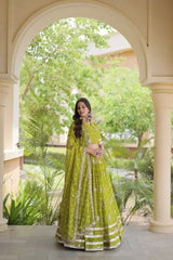 Green Bandhej Print Lehenga – Back view showing Open with Dori Tie-Up choli back and dupatta with tassel corners