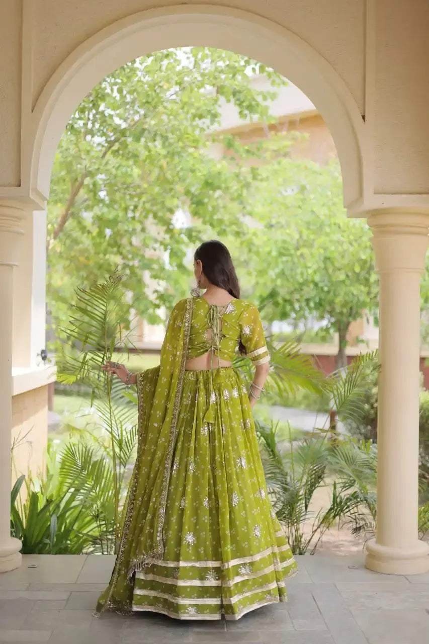 Green Bandhej Print Lehenga – Full-length model view, Faux Georgette festive lehenga for sangeet and wedding wear