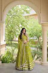 Green Bandhej Print Lehenga – Side view showing 3.5-meter circular flair and V-neck short sleeve choli