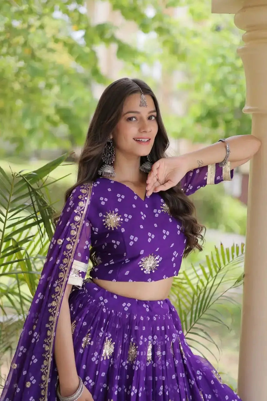 Purple Bandhej Print Lehenga – Back view showing Open with Dori Tie-Up choli back and dupatta with tassel corners