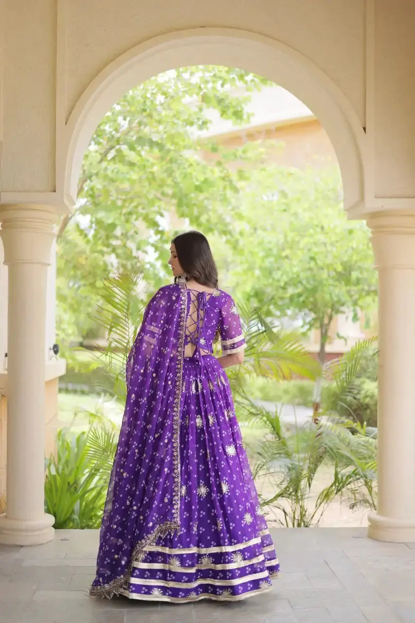 Purple Bandhej Print Lehenga – Flat lay of complete lehenga, choli and dupatta set, product code KL151 Kalyanja