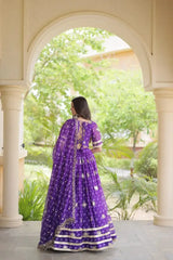 Purple Bandhej Print Lehenga – Flat lay of complete lehenga, choli and dupatta set, product code KL151 Kalyanja