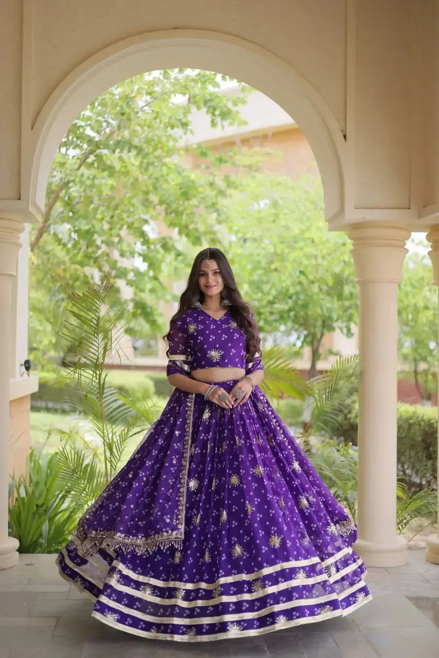 Purple Bandhej Print Lehenga – Full-length model view, Faux Georgette festive lehenga for sangeet and reception wear
