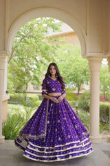 Purple Bandhej Print Lehenga – Full-length model view, Faux Georgette festive lehenga for sangeet and reception wear