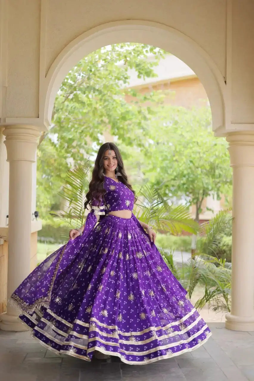 Purple Bandhej Print Lehenga – Side view showing 3.5-meter circular flair and V-neck short sleeve choli