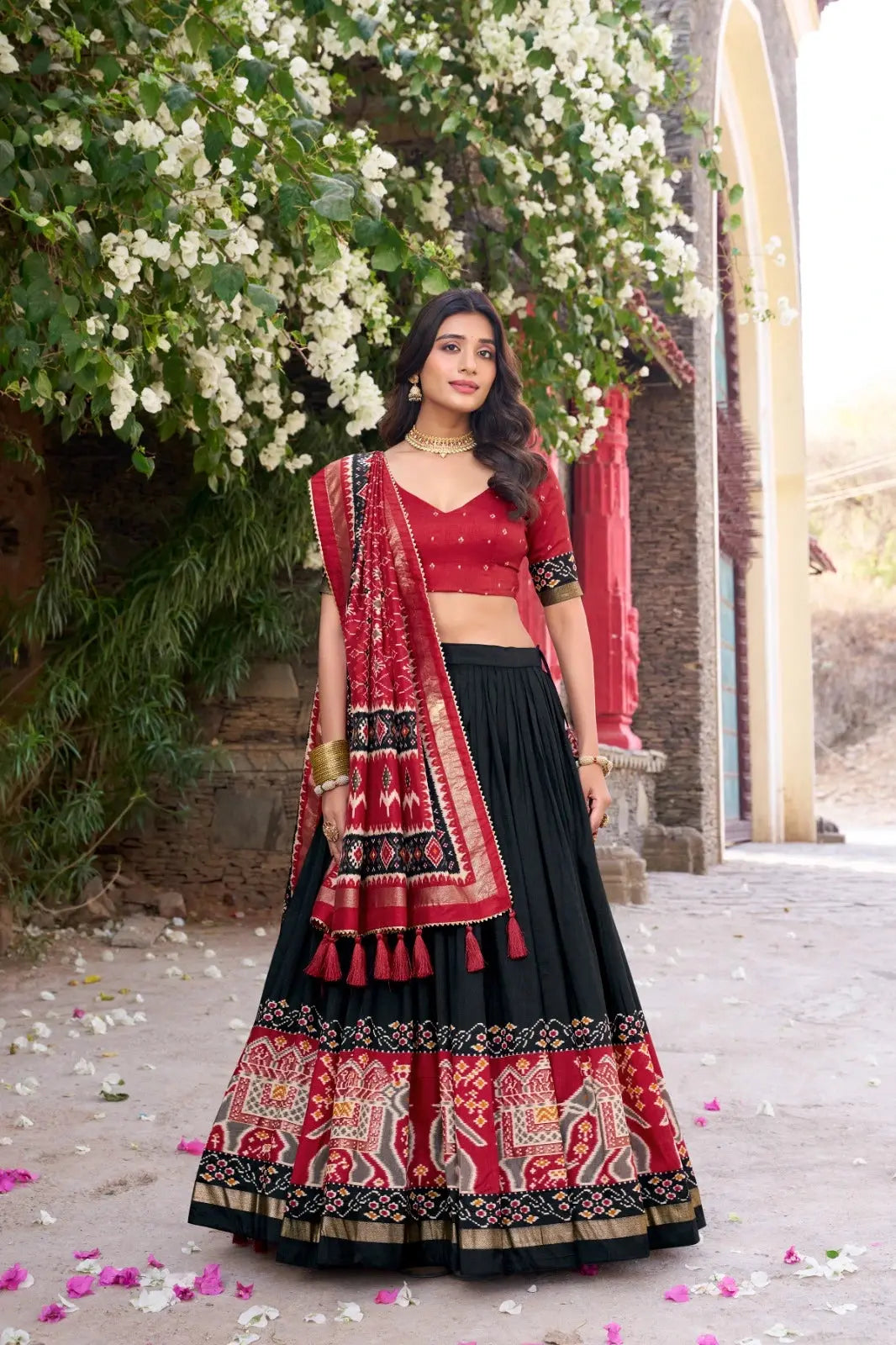 Black Tussar Silk Lehenga hand on hip – red patola geometric border, red V-neck choli with half sleeves, Navratri festive wear