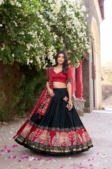 Black Floral Print Lehenga front view – Tussar Silk Blend with patola elephant border, red choli and dupatta with foil work