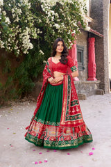 Green Floral Print Lehenga – Back view showing open back choli detail and patola dupatta with gold zari border