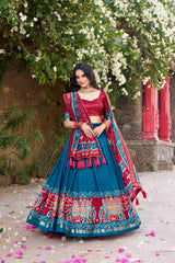 Rama Blue Floral Print Lehenga – Back view showing open back choli detail and patola dupatta with gold zari border and tassel fringe