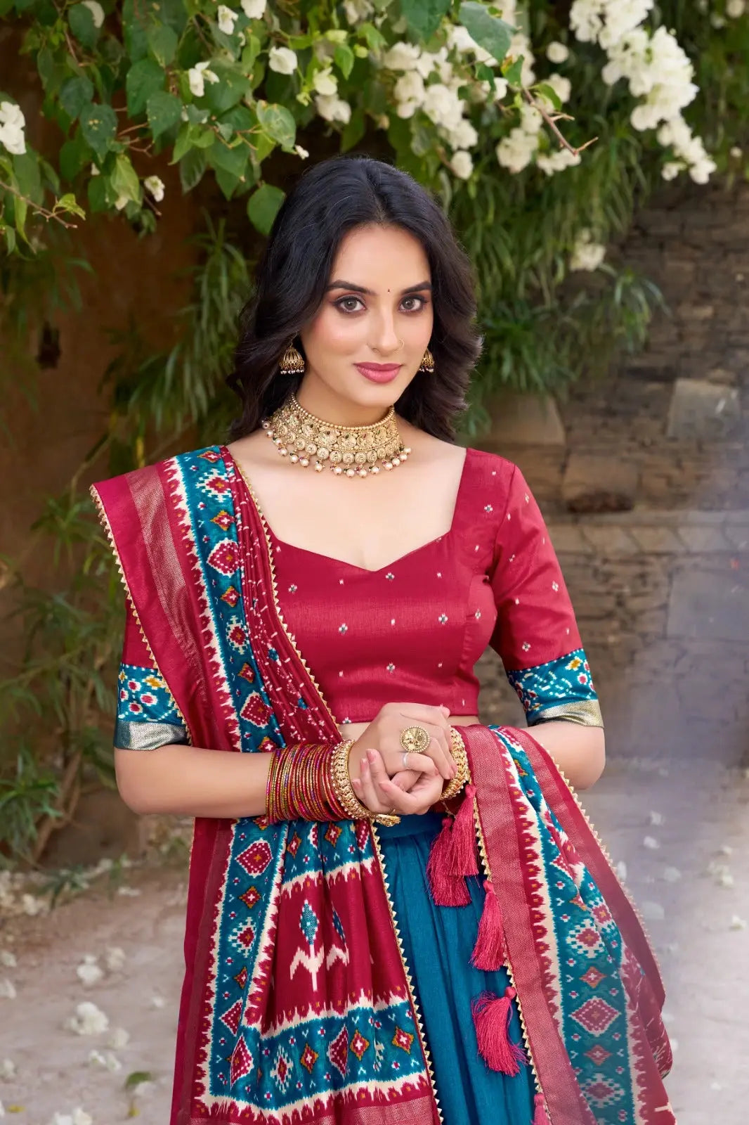 Rama Blue Floral Print Lehenga – Flat lay of complete lehenga, choli and dupatta set, product code KL152 Kalyanja