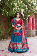 Rama Blue Floral Print Lehenga – Front drape view showing Tussar Silk Blend skirt with patola elephant border and gold foil work