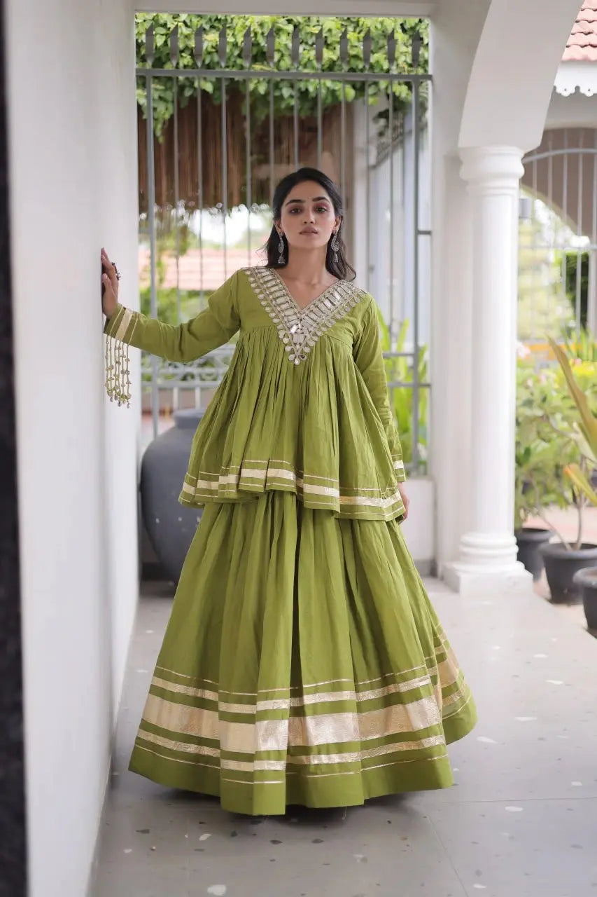 Green Zari Work Lehenga front view – Kora Cotton peplum top with shisha mirror V-neckline, gota patti lace border skirt