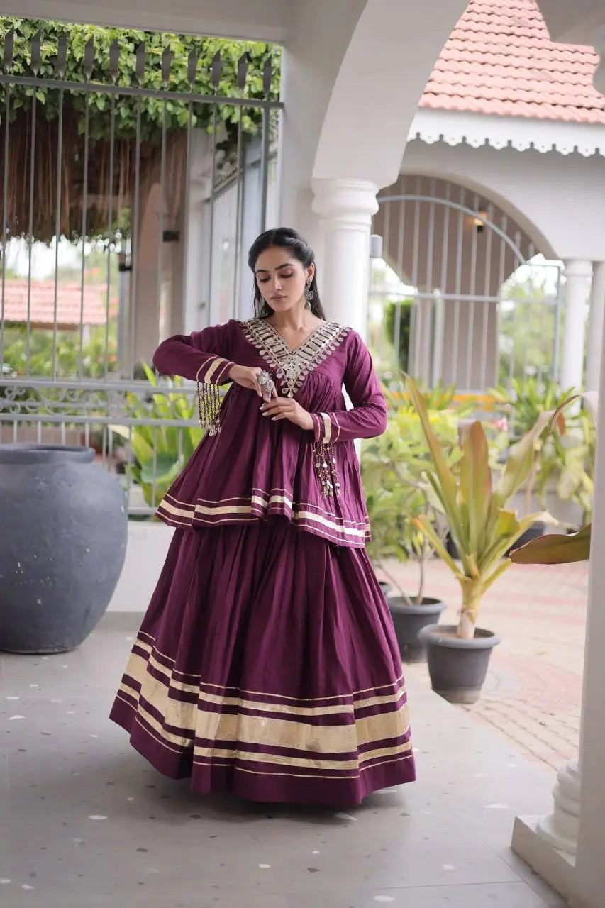 Purple Zari Work Lehenga – Back view showing covered back peplum top and full circular skirt in purple Kora Cotton