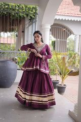 Purple Zari Work Lehenga – Back view showing covered back peplum top and full circular skirt in purple Kora Cotton
