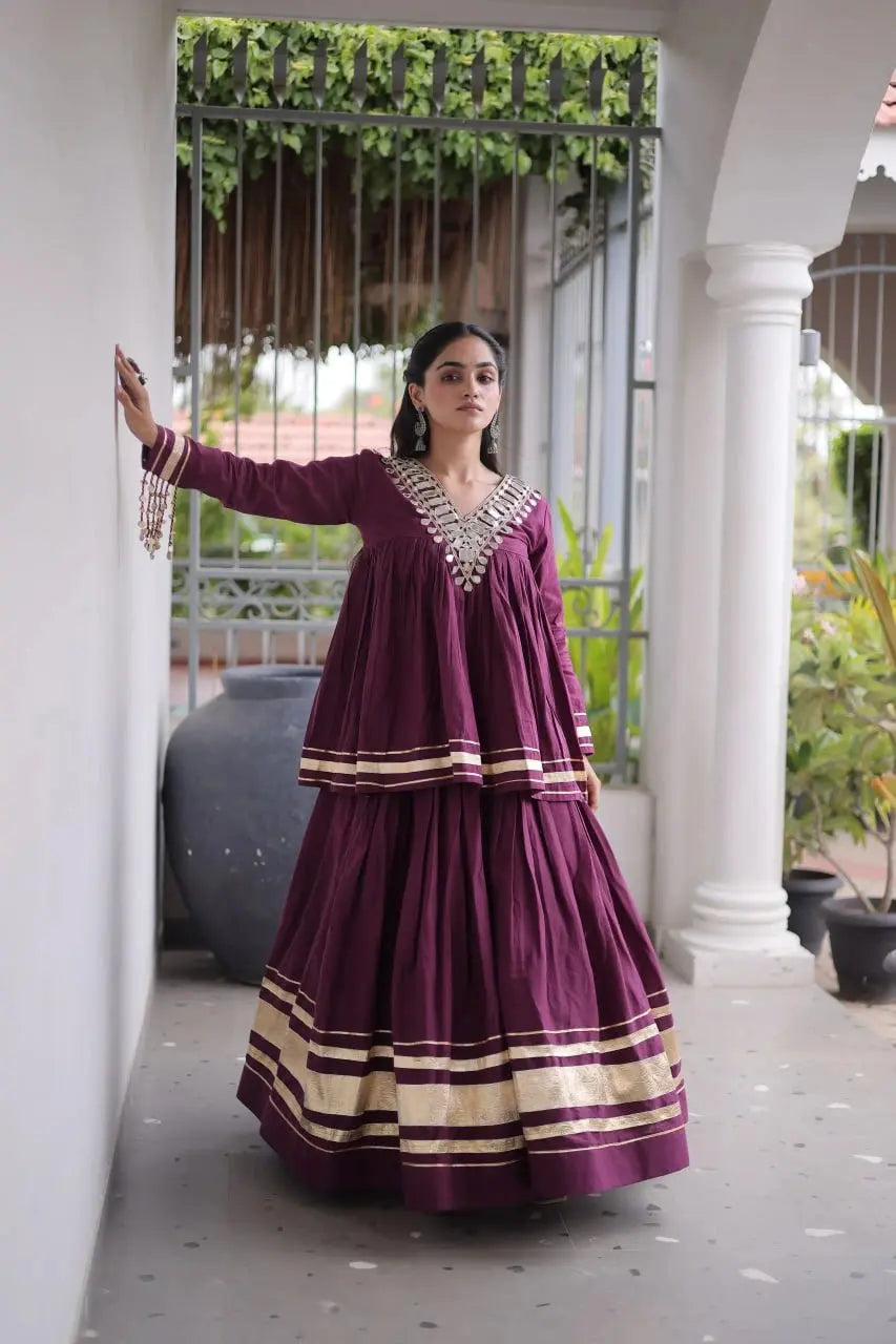 Purple Zari Work Lehenga – Front view showing Kora Cotton peplum top with shisha mirror V-neckline and circular skirt with gold gota patti lace border