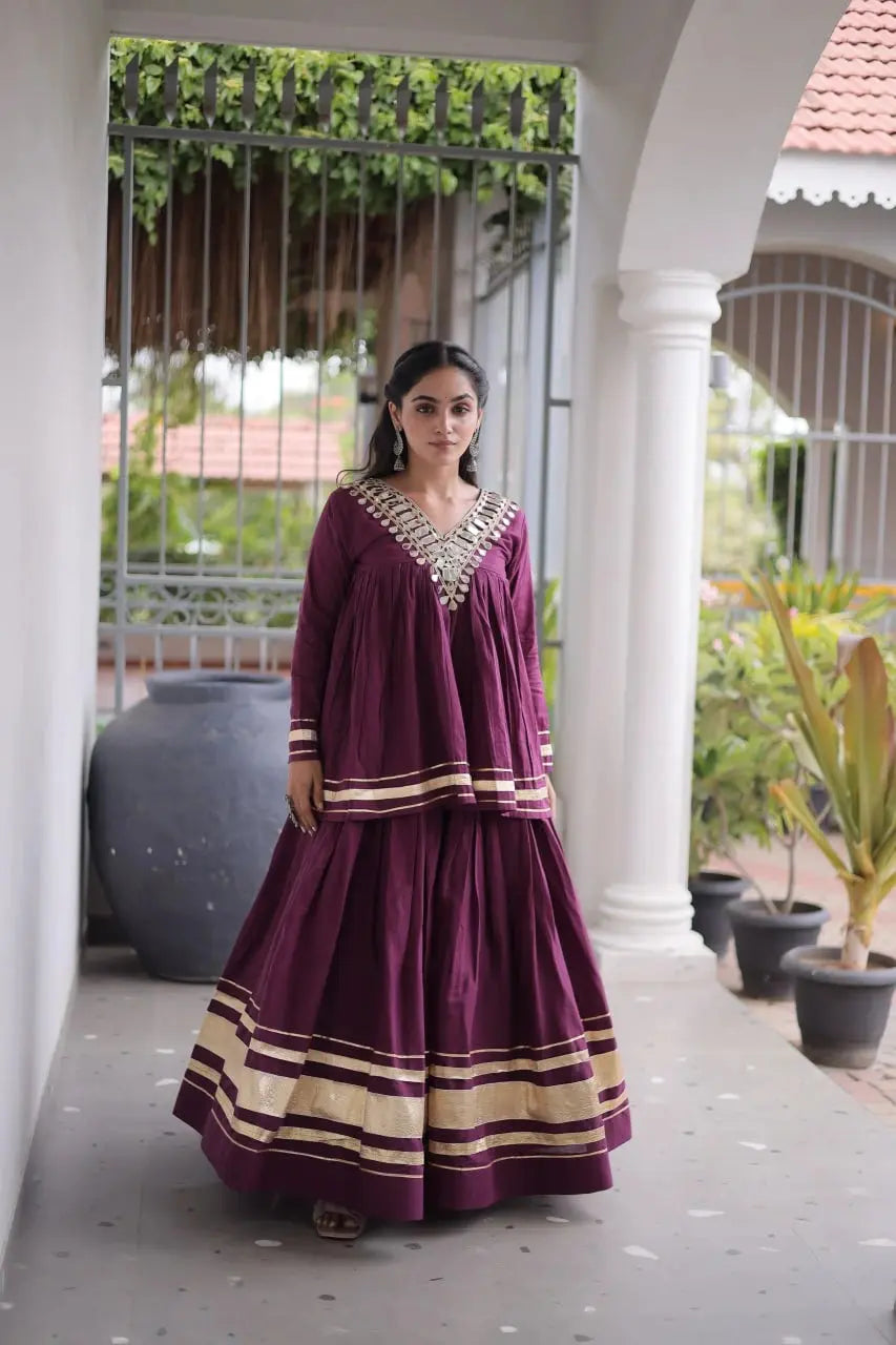 Purple Zari Work Lehenga – Full-length model view, Kora Cotton festive lehenga for Navratri, sangeet and haldi