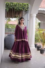 Purple Zari Work Lehenga – Full-length model view, Kora Cotton festive lehenga for Navratri, sangeet and haldi