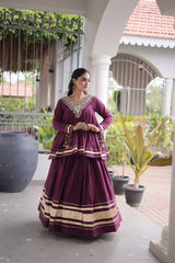 Purple Zari Work Lehenga – V-neckline close-up showing dense shisha mirror embroidery with gota patti outlining on purple base