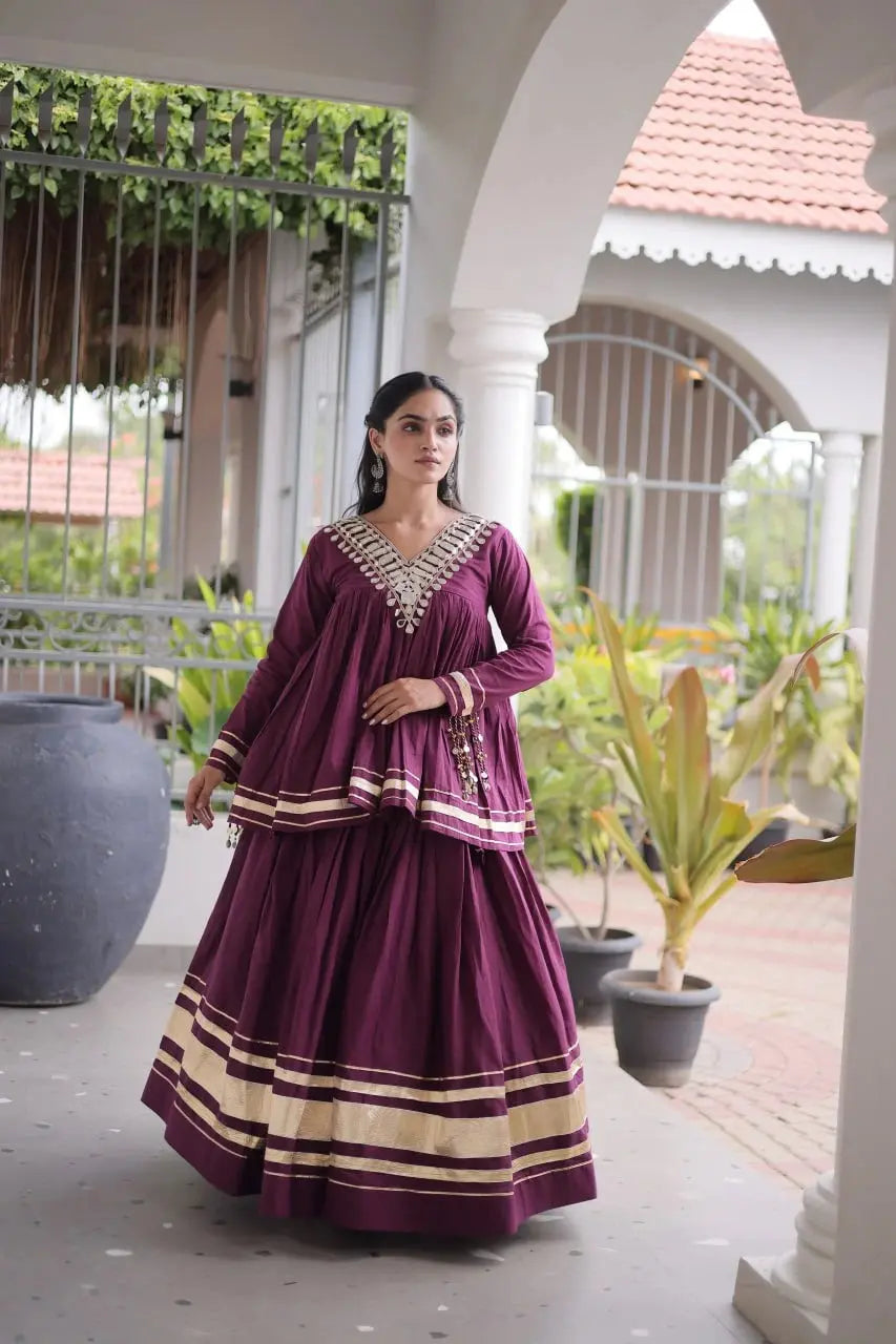 Purple Zari Work Lehenga – Side view showing 3.5-meter circular flair and full sleeve peplum top with kodi tassel cuffs