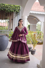 Purple Zari Work Lehenga – Side view showing 3.5-meter circular flair and full sleeve peplum top with kodi tassel cuffs