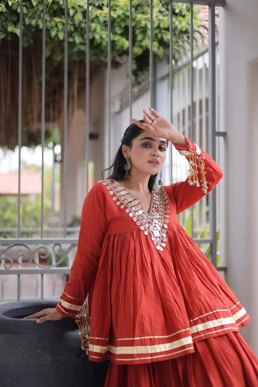 Red Zari Work Lehenga – Back view showing covered back peplum top and full circular skirt in Kora Cotton
