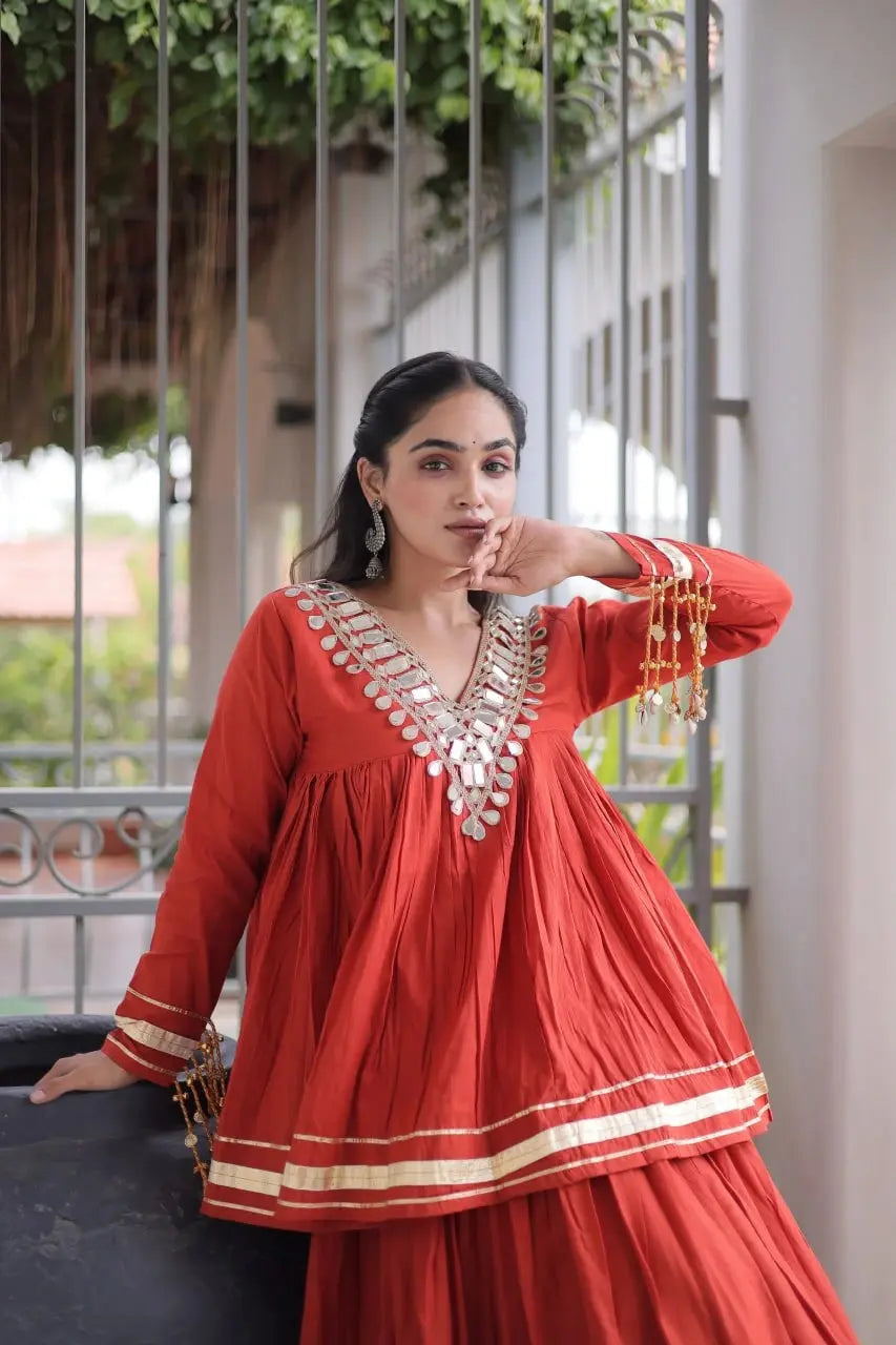 Red Zari Work Lehenga – Flat lay of complete lehenga and peplum top set, product code KL154 Kalyanja