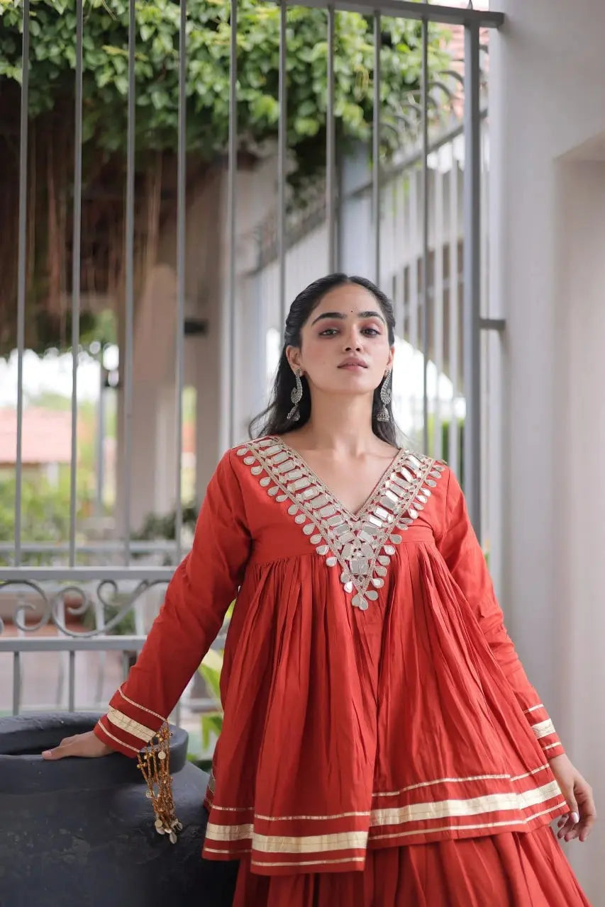 Red Zari Work Lehenga – Full-length model view, Kora Cotton festive lehenga for Navratri and haldi