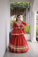 Red Zari Work Lehenga – V-neckline close-up showing dense shisha mirror embroidery with gota patti outlining