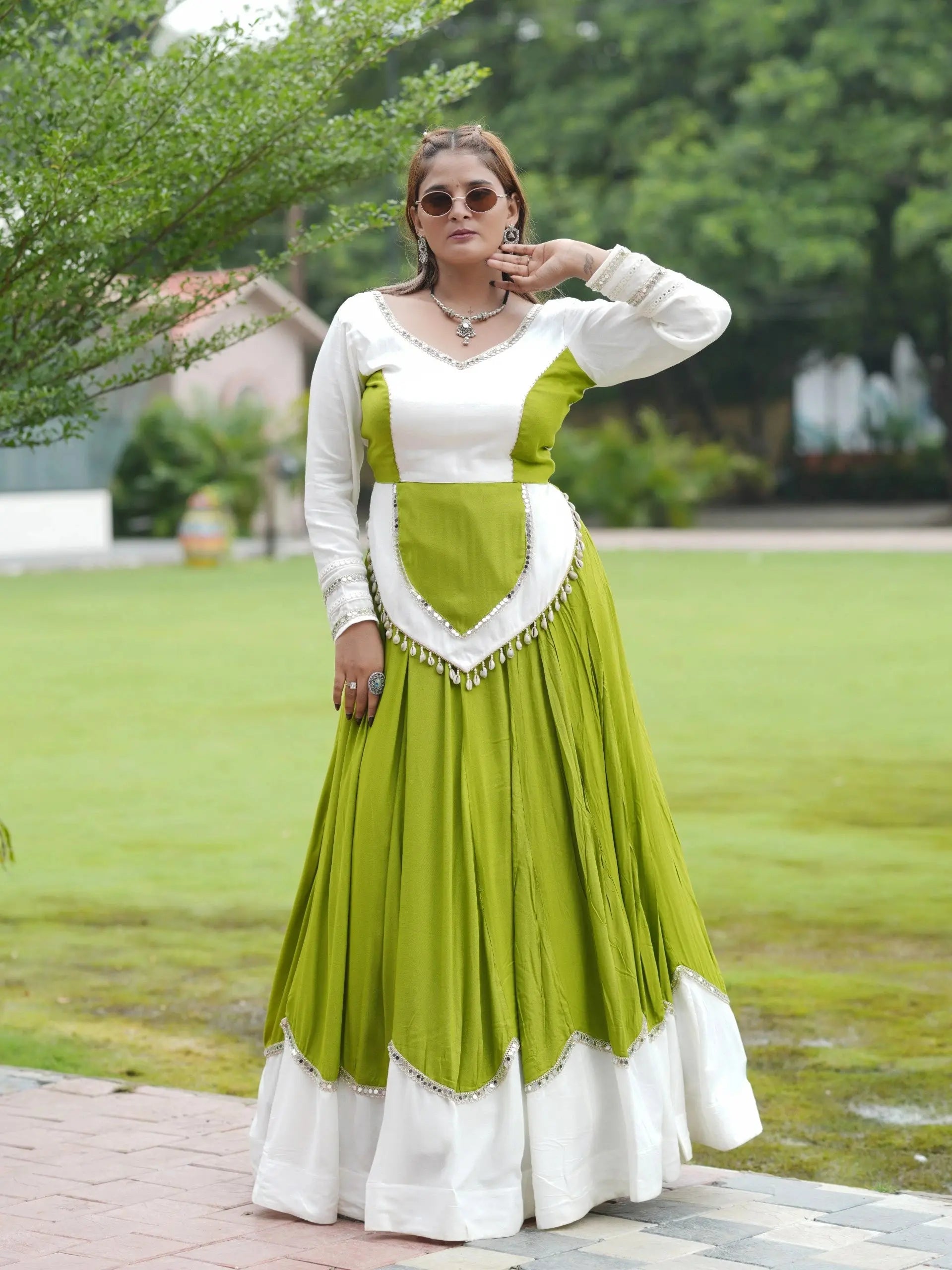 Green Mirror Lace Work Lehenga – Back view showing Open with Dori Tie-Up lace-up choli back detail
