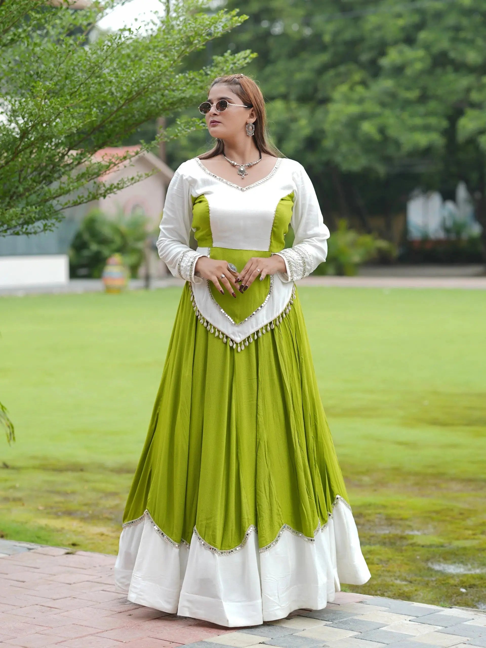 Green Mirror Lace Work Lehenga – Front view showing two-tone Rayon Cotton choli with mirror-sequin trim and 6-meter circular skirt