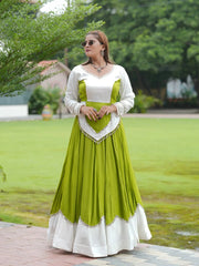 Green Mirror Lace Work Lehenga – Front view showing two-tone Rayon Cotton choli with mirror-sequin trim and 6-meter circular skirt