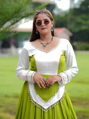Green Mirror Lace Work Lehenga – Model wearing green lehenga set with dupatta, Navratri and party festive wear
